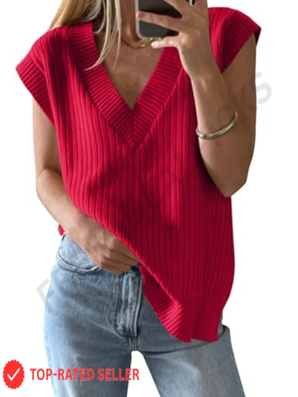 Ribbed Knit V Neck Sweater Vest Sleeveless Oversized Cap Sleeve